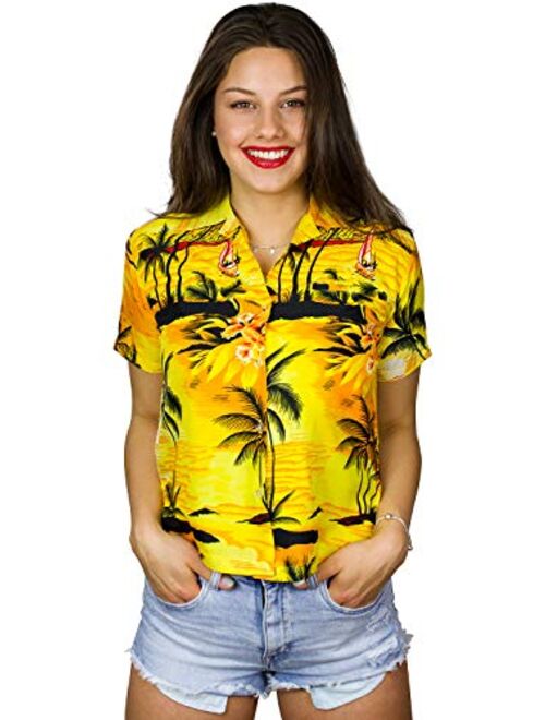 KING KAMEHA Funky Casual Hawaiian Blouse Shirt for Women Front Pocket Button Down Very Loud Shortsleeve Surf Print