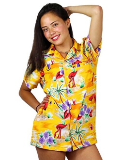 Hawaiian Blouse Shirt for Women Funky Casual Button Down Very Loud Shortsleeve Flamingos