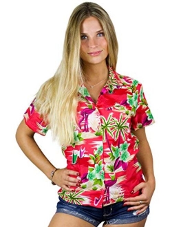 Hawaiian Blouse Shirt for Women Funky Casual Button Down Very Loud Shortsleeve Flamingos