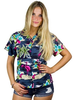 Hawaiian Blouse Shirt for Women Funky Casual Button Down Very Loud Shortsleeve Flamingos