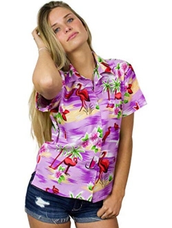 Hawaiian Blouse Shirt for Women Funky Casual Button Down Very Loud Shortsleeve Flamingos