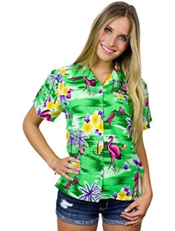 Hawaiian Blouse Shirt for Women Funky Casual Button Down Very Loud Shortsleeve Flamingos