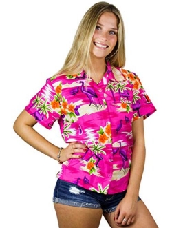 Hawaiian Blouse Shirt for Women Funky Casual Button Down Very Loud Shortsleeve Flamingos