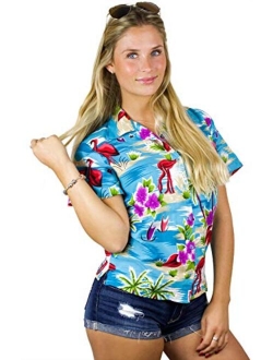 Hawaiian Blouse Shirt for Women Funky Casual Button Down Very Loud Shortsleeve Flamingos