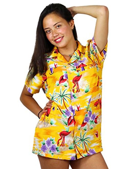 King Kameha Hawaiian Blouse Shirt for Women Funky Casual Button Down Very Loud Shortsleeve Flamingos