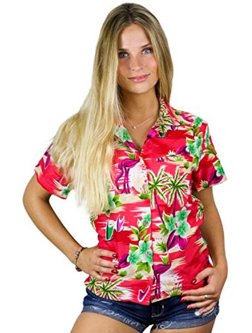 King Kameha Hawaiian Blouse Shirt for Women Funky Casual Button Down Very Loud Shortsleeve Flamingos