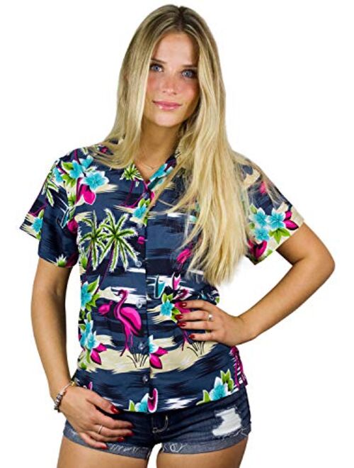 King Kameha Hawaiian Blouse Shirt for Women Funky Casual Button Down Very Loud Shortsleeve Flamingos