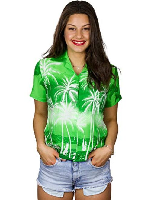 KING KAMEHA Funky Casual Hawaiian Blouse Shirt for Women Front Pocket Button Down Very Loud Shortsleeve Unisex Beach Print