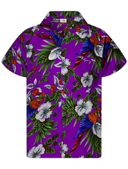 Funky Casual Hawaiian Shirt for Men Front Pocket Button Down Very Loud Shortsleeve Unisex Cherry Parrot Print