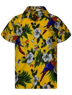 Funky Casual Hawaiian Shirt for Men Front Pocket Button Down Very Loud Shortsleeve Unisex Cherry Parrot Print