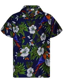 Funky Casual Hawaiian Shirt for Men Front Pocket Button Down Very Loud Shortsleeve Unisex Cherry Parrot Print