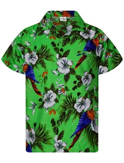 Funky Casual Hawaiian Shirt for Men Front Pocket Button Down Very Loud Shortsleeve Unisex Cherry Parrot Print