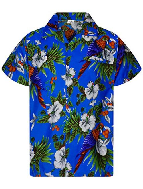 KING KAMEHA Funky Casual Hawaiian Shirt for Men Front Pocket Button Down Very Loud Shortsleeve Unisex Cherry Parrot Print