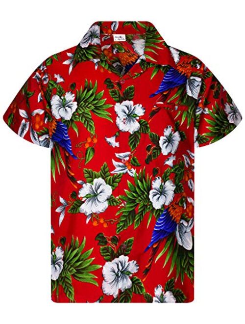 KING KAMEHA Funky Casual Hawaiian Shirt for Men Front Pocket Button Down Very Loud Shortsleeve Unisex Cherry Parrot Print