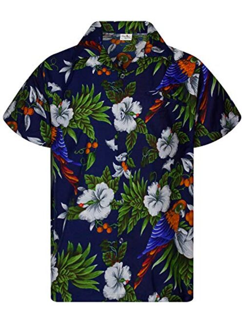 KING KAMEHA Funky Casual Hawaiian Shirt for Men Front Pocket Button Down Very Loud Shortsleeve Unisex Cherry Parrot Print