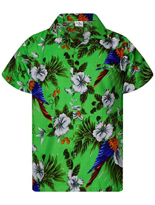 KING KAMEHA Funky Casual Hawaiian Shirt for Men Front Pocket Button Down Very Loud Shortsleeve Unisex Cherry Parrot Print