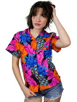 Hawaiian Blouse Shirt for Women Funky Casual Button Down Very Loud Shortsleeve Pineapple Hibiscus