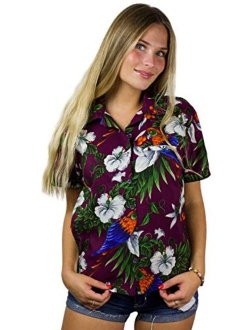 Hawaiian Blouse Shirt for Women Funky Casual Button Down Very Loud Shortsleeve Cherry Parrot