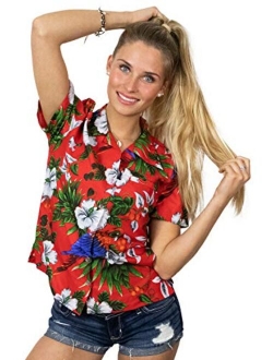 Hawaiian Blouse Shirt for Women Funky Casual Button Down Very Loud Shortsleeve Cherry Parrot