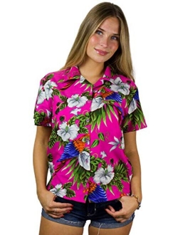 Hawaiian Blouse Shirt for Women Funky Casual Button Down Very Loud Shortsleeve Cherry Parrot