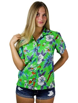 Hawaiian Blouse Shirt for Women Funky Casual Button Down Very Loud Shortsleeve Cherry Parrot