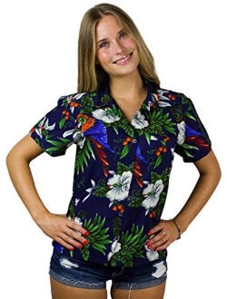 Hawaiian Blouse Shirt for Women Funky Casual Button Down Very Loud Shortsleeve Cherry Parrot