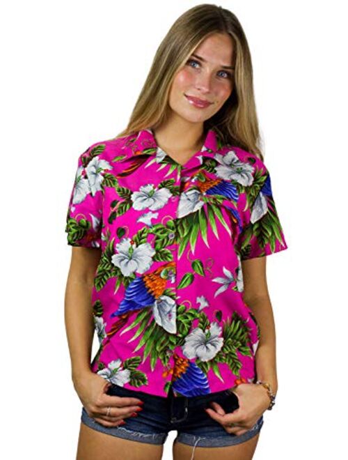 King Kameha Hawaiian Blouse Shirt for Women Funky Casual Button Down Very Loud Shortsleeve Cherry Parrot