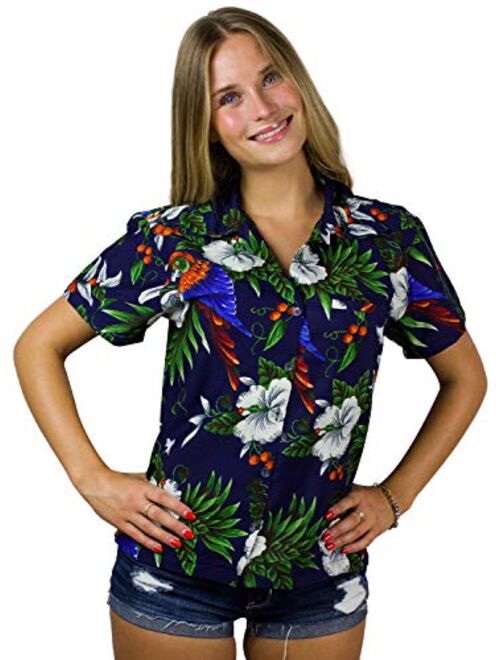 King Kameha Hawaiian Blouse Shirt for Women Funky Casual Button Down Very Loud Shortsleeve Cherry Parrot