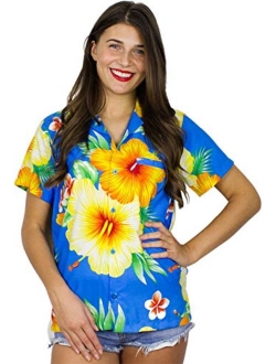 Funky Hawaiian Blouse Shirt Women Short-Sleeve Front-Pocket Paradise Flowers Multiple Colors