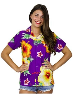 Funky Hawaiian Blouse Shirt Women Short-Sleeve Front-Pocket Paradise Flowers Multiple Colors