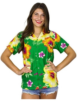 Funky Hawaiian Blouse Shirt Women Short-Sleeve Front-Pocket Paradise Flowers Multiple Colors