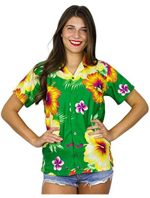 King Kameha Funky Hawaiian Blouse Shirt Women Short-Sleeve Front-Pocket Paradise Flowers Multiple Colors