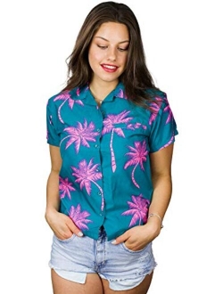 Hawaiian Blouse Shirt for Women Funky Casual Button Down Very Loud Shortsleeve Palmshadow