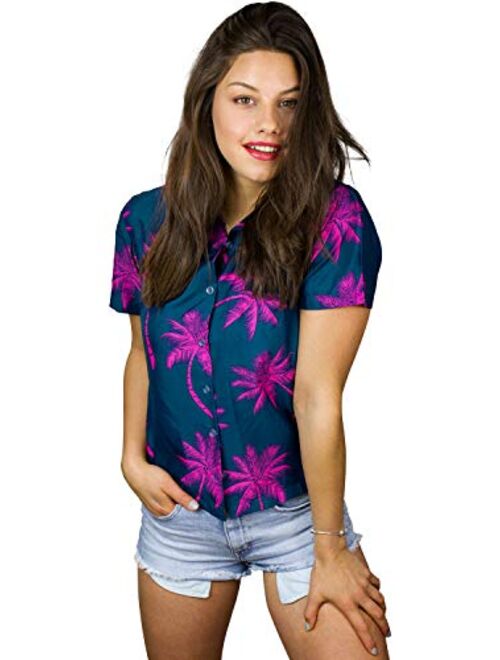 KING KAMEHA Hawaiian Blouse Shirt for Women Funky Casual Button Down Very Loud Shortsleeve Palmshadow