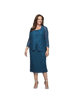 Women's Plus Size Tea Length Lace Dress and Jacket