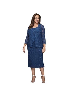 Women's Plus Size Tea Length Lace Dress and Jacket