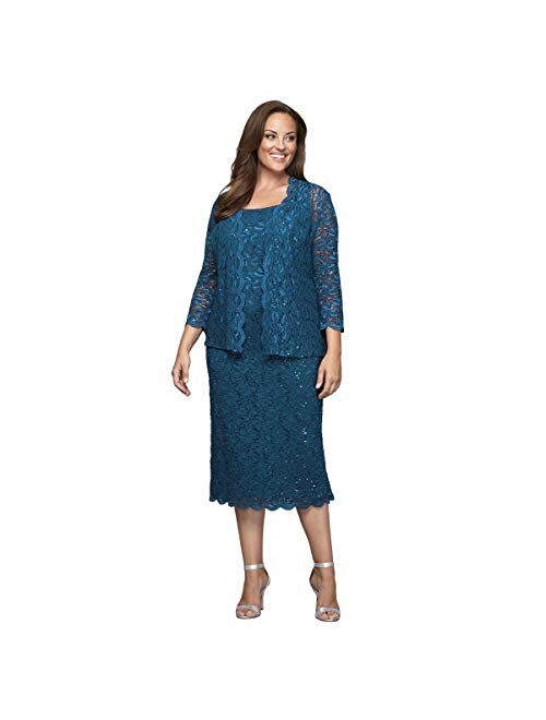 Alex Evenings Women's Plus Size Tea Length Lace Dress and Jacket