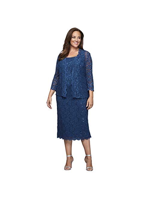 Alex Evenings Women's Plus Size Tea Length Lace Dress and Jacket