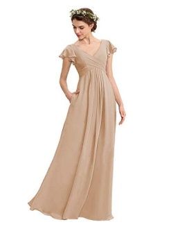 Noras dress V Neck Chiffon Bridesmaid Dresses with Pockets Long Evening Gown Ruffle Sleeve Formal Gowns for Women B149