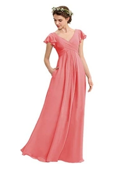 Noras dress V Neck Chiffon Bridesmaid Dresses with Pockets Long Evening Gown Ruffle Sleeve Formal Gowns for Women B149