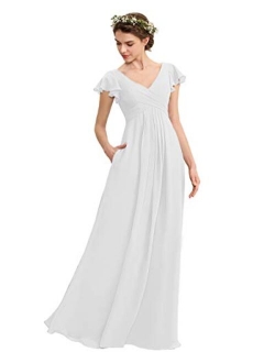 Noras dress V Neck Chiffon Bridesmaid Dresses with Pockets Long Evening Gown Ruffle Sleeve Formal Gowns for Women B149