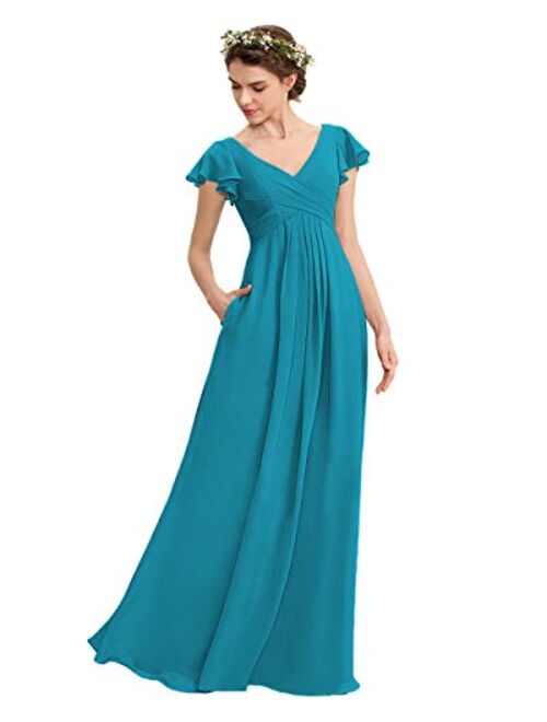 Noras dress V Neck Chiffon Bridesmaid Dresses with Pockets Long Evening Gown Ruffle Sleeve Formal Gowns for Women B149