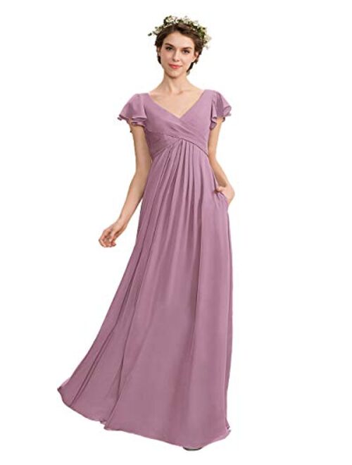 Noras dress V Neck Chiffon Bridesmaid Dresses with Pockets Long Evening Gown Ruffle Sleeve Formal Gowns for Women B149