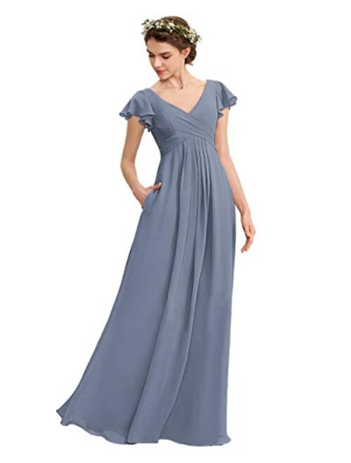 Noras dress V Neck Chiffon Bridesmaid Dresses with Pockets Long Evening Gown Ruffle Sleeve Formal Gowns for Women B149