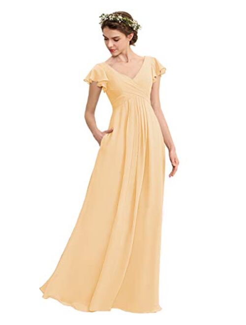 Noras dress V Neck Chiffon Bridesmaid Dresses with Pockets Long Evening Gown Ruffle Sleeve Formal Gowns for Women B149