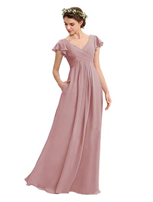 Noras dress V Neck Chiffon Bridesmaid Dresses with Pockets Long Evening Gown Ruffle Sleeve Formal Gowns for Women B149