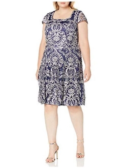 Women's Plus Size Tea Length Dress with Rosette Detail