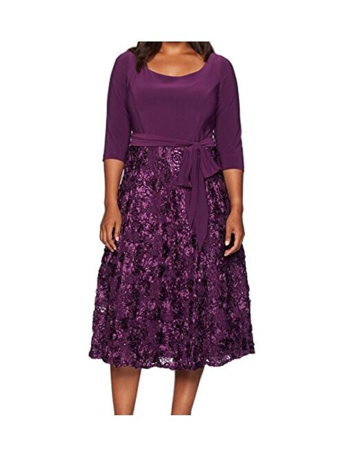 Alex Evenings Women's Plus Size Tea Length Dress with Rosette Detail