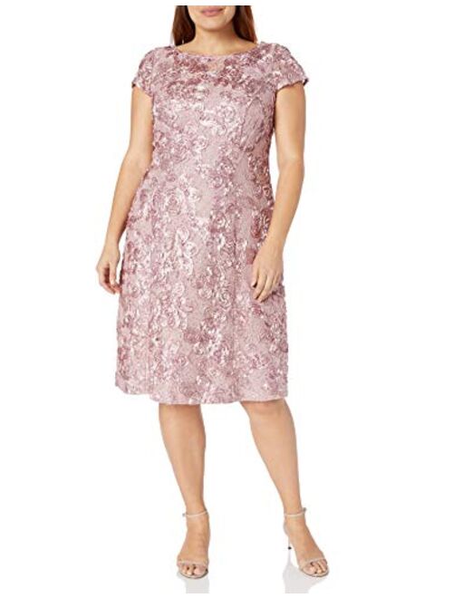 Alex Evenings Women's Plus Size Tea Length Dress with Rosette Detail