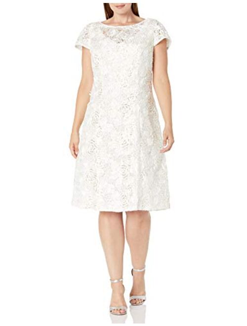 Alex Evenings Women's Plus Size Tea Length Dress with Rosette Detail